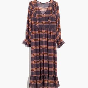 NWT Madewell J.Crew women's Sheer Plaid Full-Sleeve Ruffle Midi Dress Size 6 XI